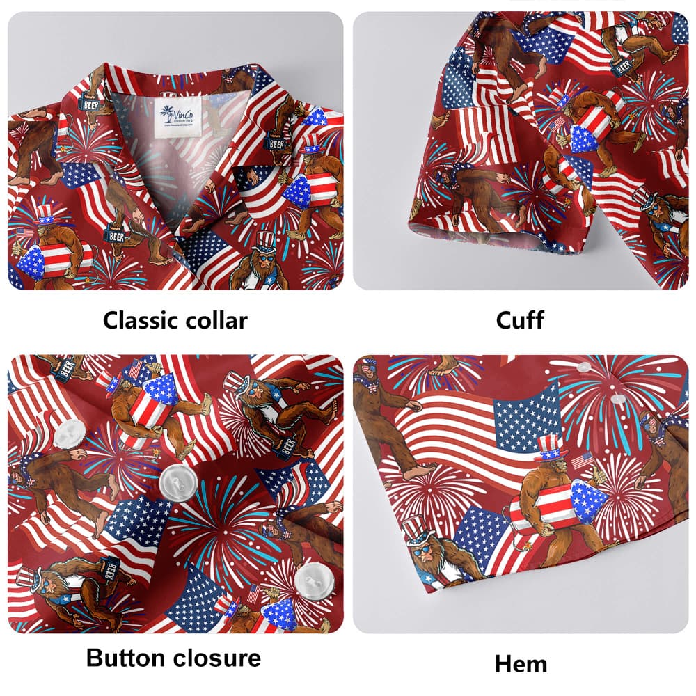 Firework American Flag Bigfoot 4th Of July Red Hawaiian Shirt