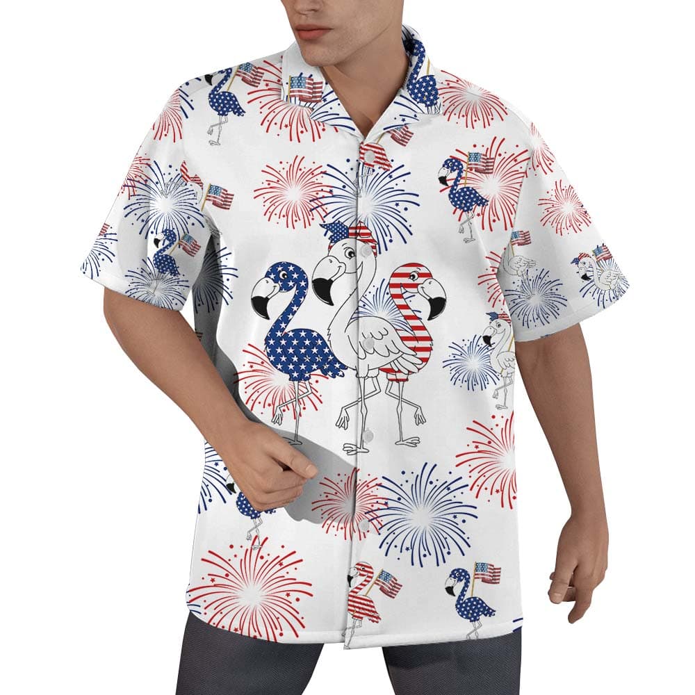 Flamingo Firework 4th Of July Men's Hawaiian Shirt1