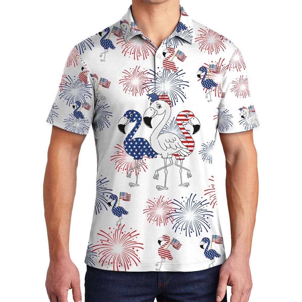 Flamingo Firework Happy Independence Men's Polo2