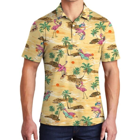 Flamingo Print Men's Hawaiian Polo Shirt