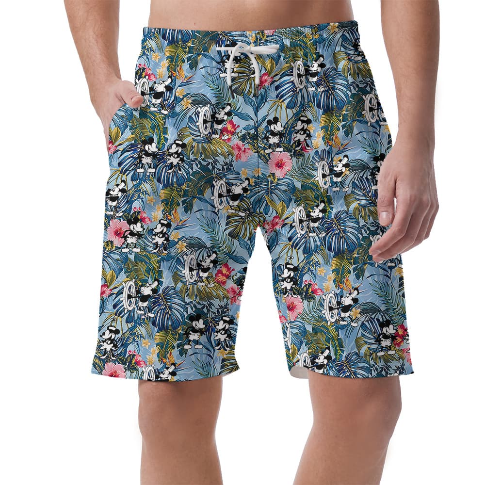 Floral Mickey Steamboat Willie Blue Hawaiian Beach Shorts For Men