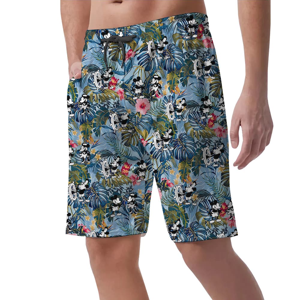 Floral Mickey Steamboat Willie Blue Hawaiian Beach Shorts For Men