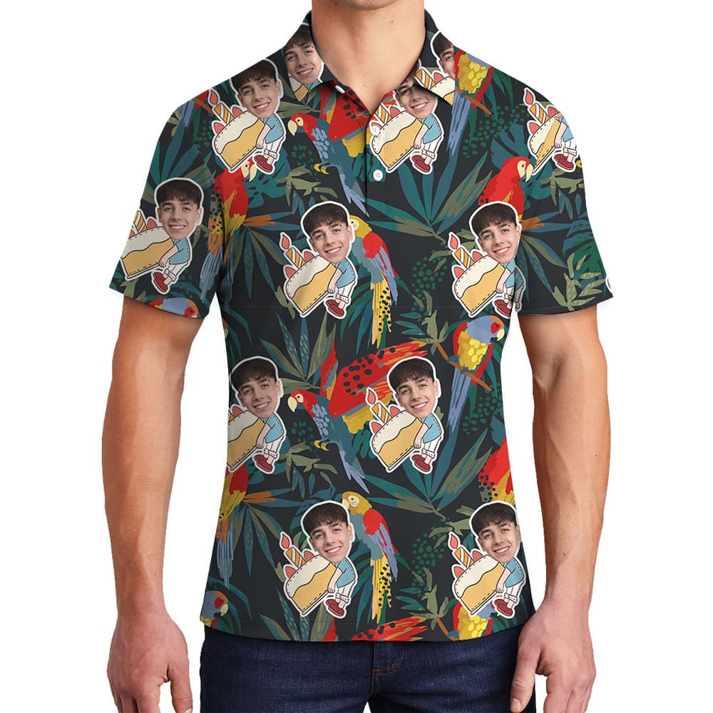 Funky Green Birthday Hawaiian Polo Shirt for Men with Face Custom1