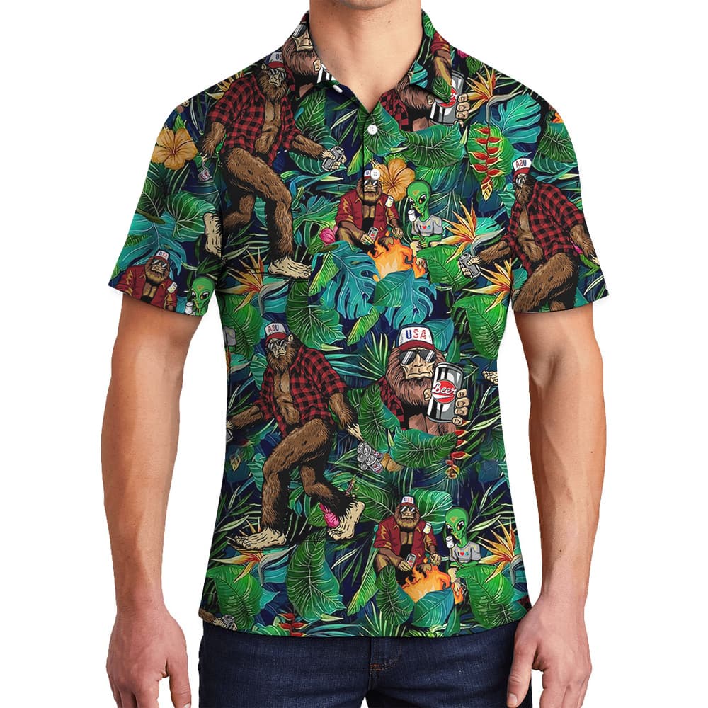 Funny Alien Bigfoot Beer Tropical Green Hawaiian Polo Golf Shirt For Men