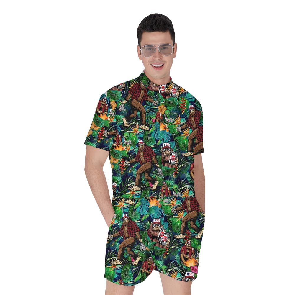 Funny Alien Bigfoot Beer Tropical Green Hawaiian Romper For Men