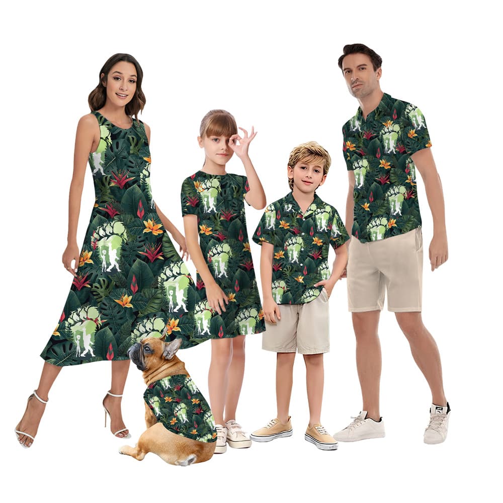 Funny Bigfoot Alien Green Tropical Matching Family Hawaiian Outfits