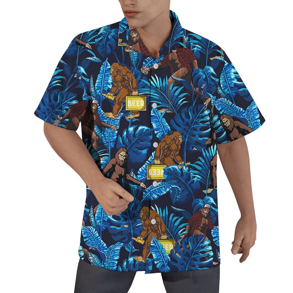 Funny Bigfoot And Beer Tropical Blue Hawaiian Shirt (1)