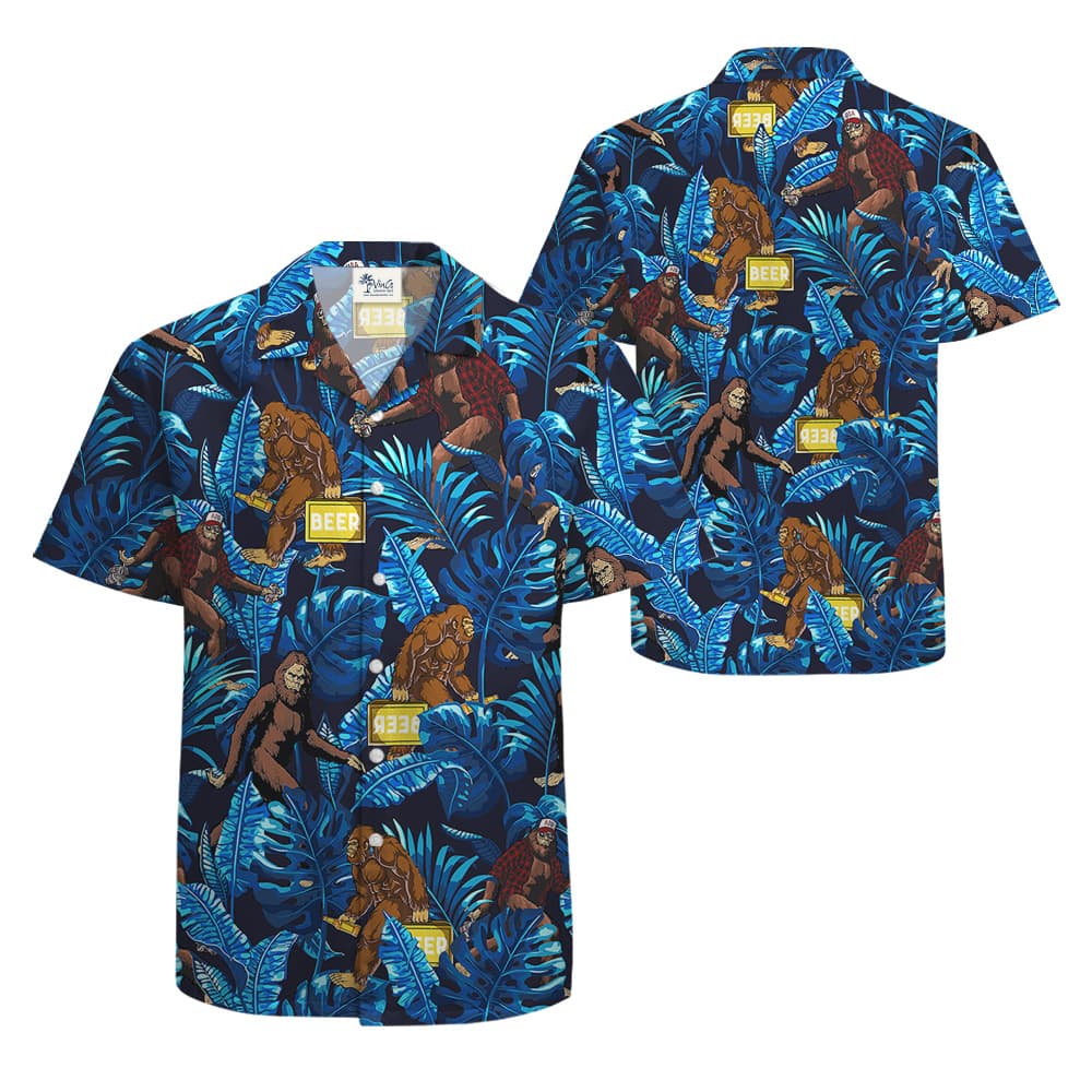 Funny Bigfoot And Beer Tropical Blue Hawaiian Shirt