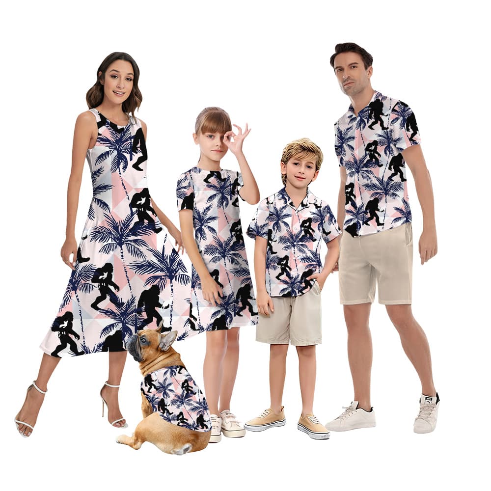 Funny Bigfoot And Cat Tropical Palm Tree Family Matching Hawaiian Shirts