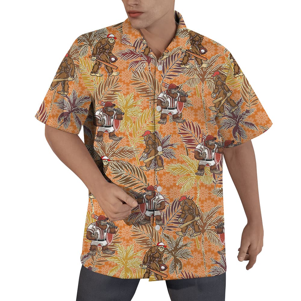 Funny Bigfoot Baseball Tropical Palm Trees Vintage Orange Hawaiian Shirt (1)