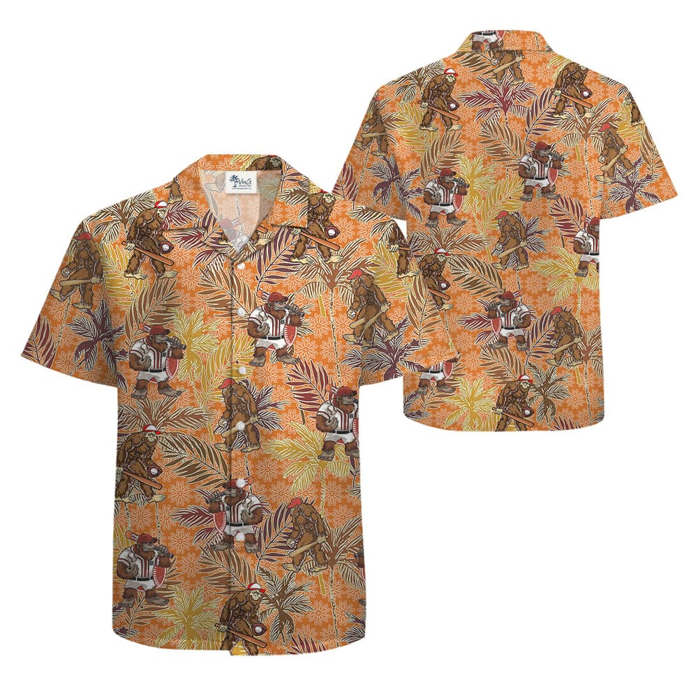 Funny Bigfoot Baseball Tropical Palm Trees Vintage Orange Hawaiian Shirt