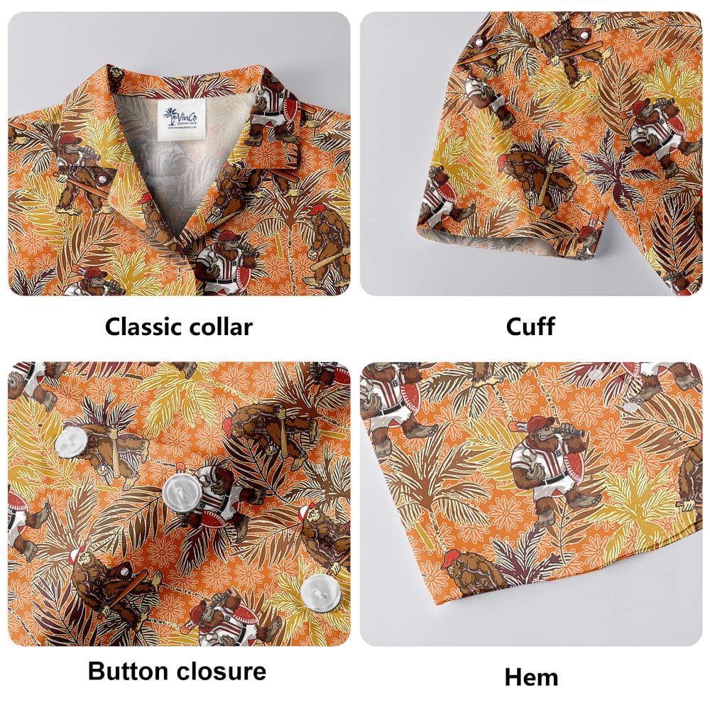 Funny Bigfoot Baseball Tropical Palm Trees Vintage Orange Hawaiian Shirt