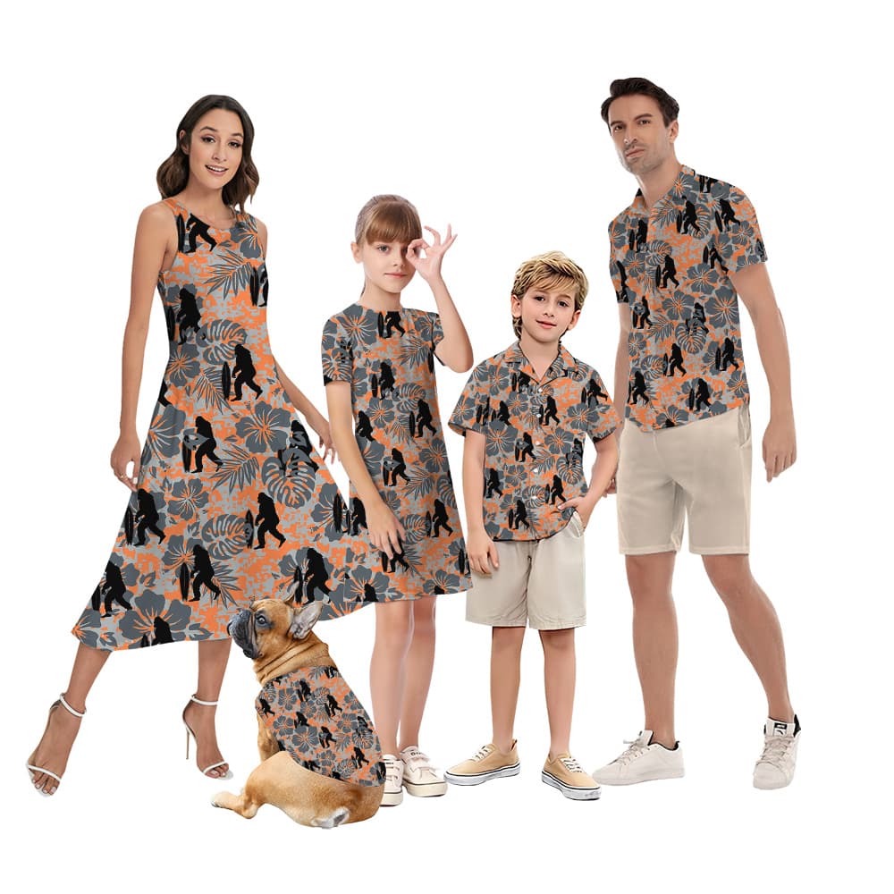 Funny Bigfoot Camo Hibiscus Orange Vintage Family Matching Hawaiian Outfits