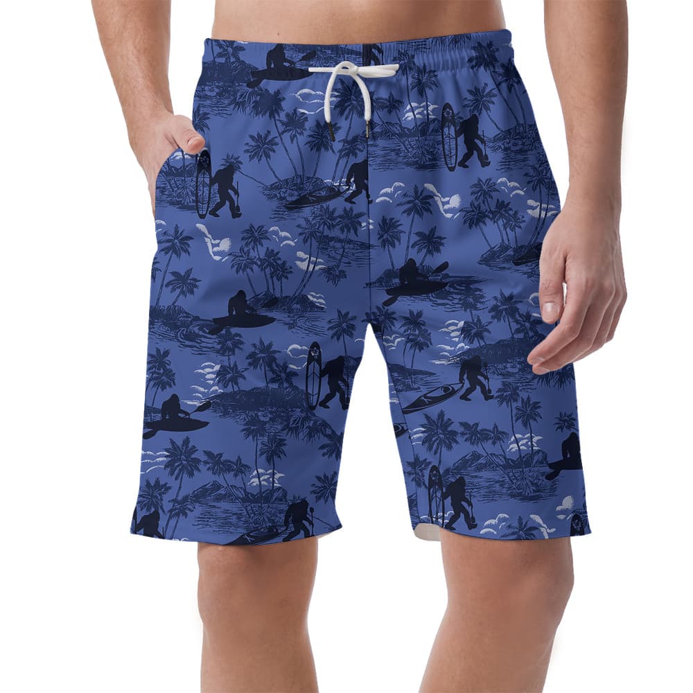 Funny Bigfoot Kayaking Palm Tree Vintage Blue Hawaiian Beach Shorts For Men