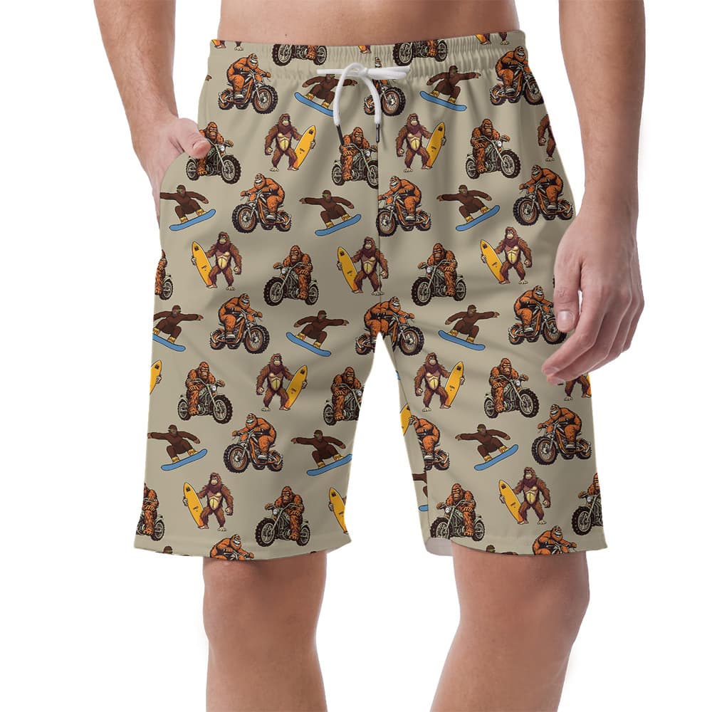 Funny Bigfoot Motorcycle Vintage Hawaiian Beach Shorts For Men