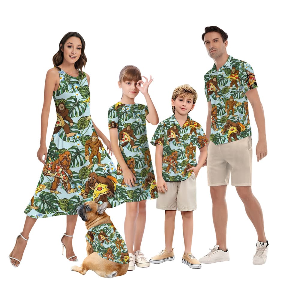 Funny Bigfoot Pizza Tropical Matching Family Hawaiian Outfits