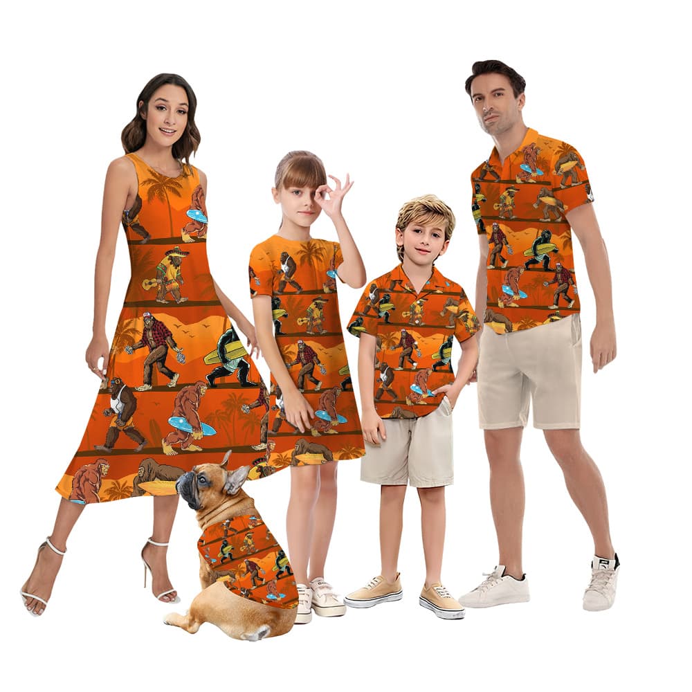 Funny Bigfoot Surfing Board Tropical Palm Trees Matching Orange Hawaiian Outfits For Family