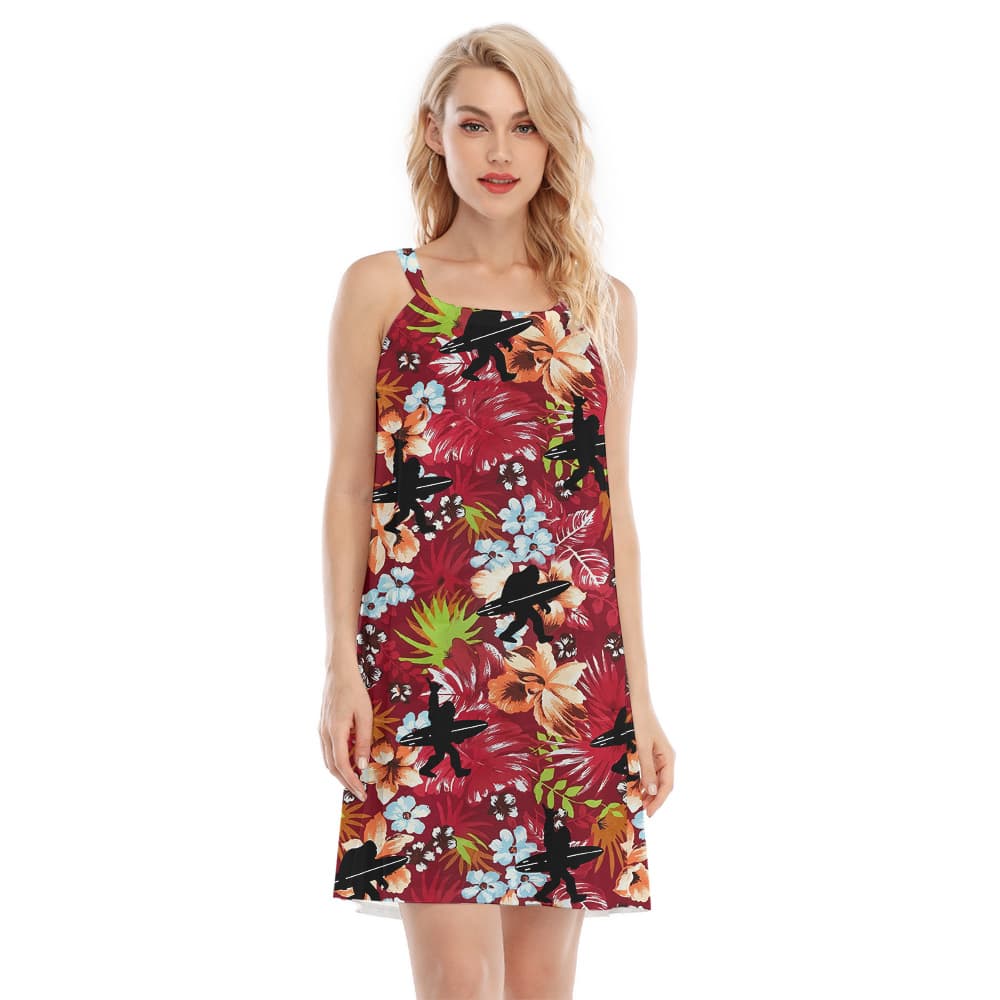 Funny Bigfoot Surfing Tropical Red Hawaiian Dress For Women