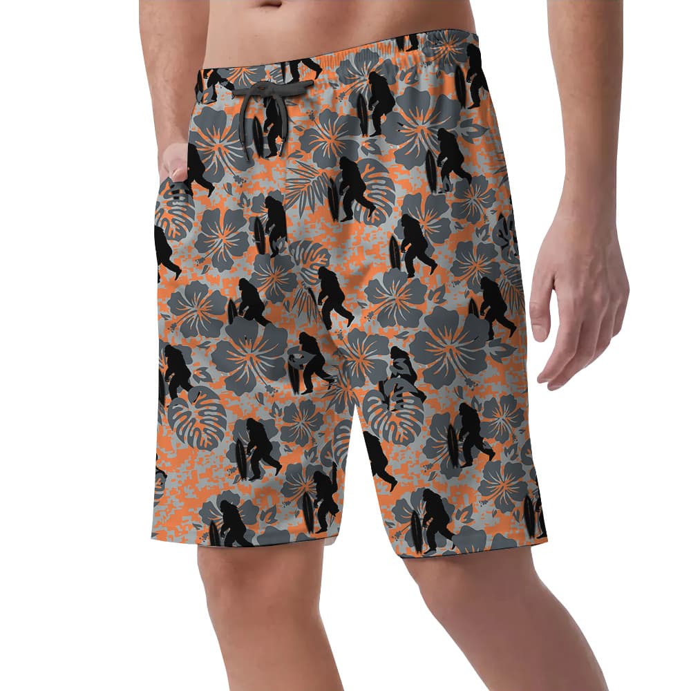 Funny Bigfoot Surfing Vintage Hibiscus Hawaiian Shorts For Men