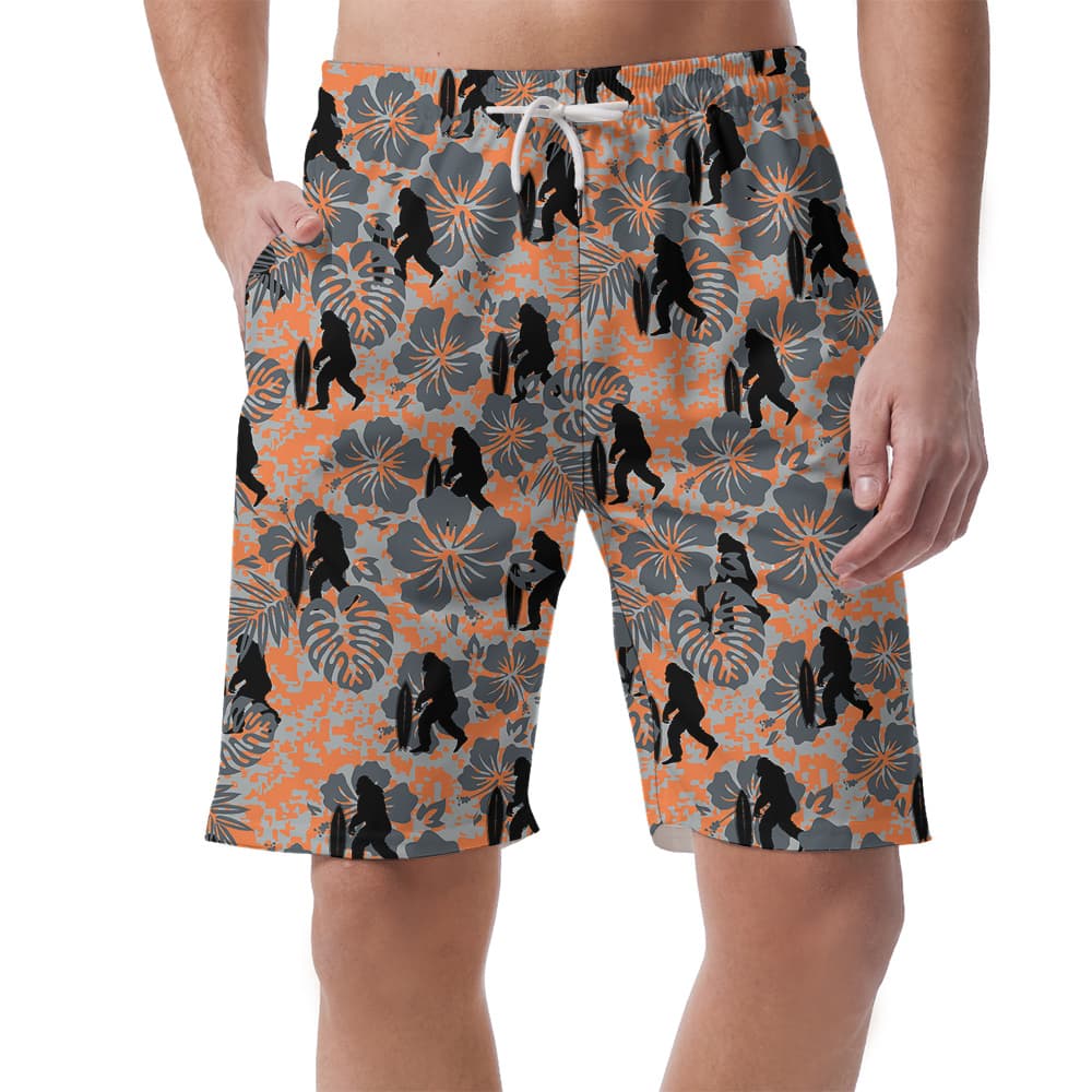 Funny Bigfoot Surfing Vintage Hibiscus Hawaiian Shorts For Men