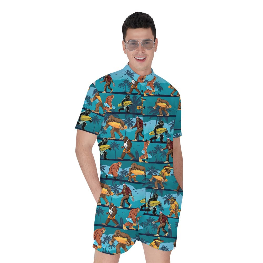 Funny Bigfoot Tropical Blue Men's Hawaiian Romper