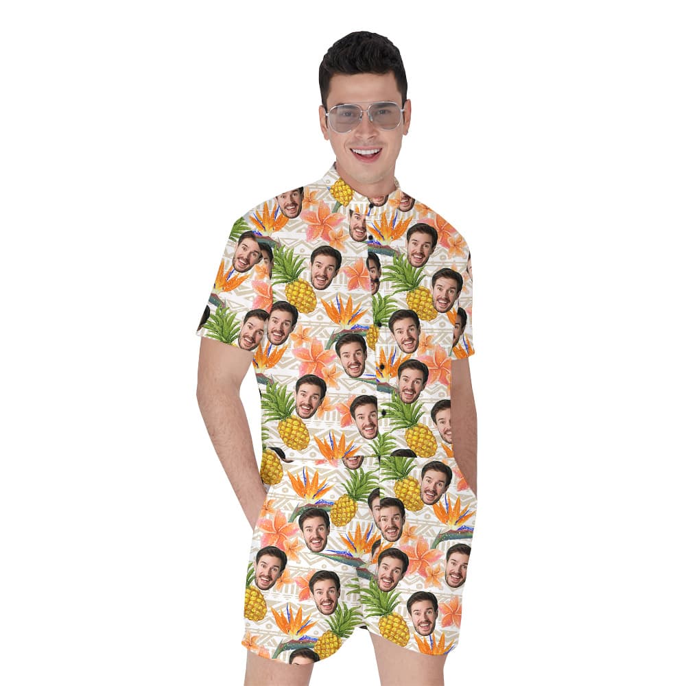 Funny Custom Face Floral Pineapple Vintage Men's Hawaiian Romper