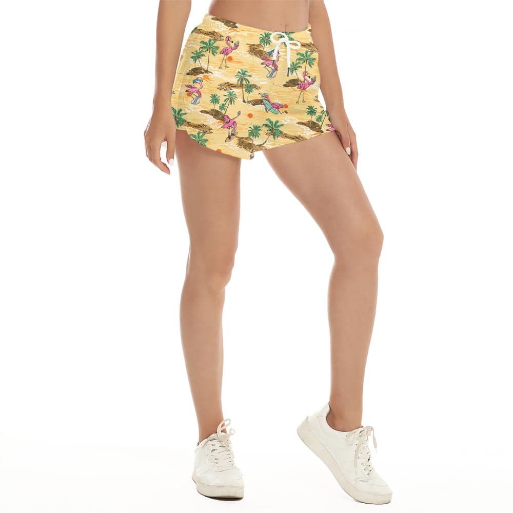 Ride the Style Wave with Flamingo Flair Catch the perfect style wave this summer with our Funny Flamingo Surfing Women's Beach Shorts. These shorts are a playful blend of sass and surf, featuring quirky flamingos catching waves on a canvas of oceanic blue. Whether you're hitting the surf or lounging on the sand, these shorts bring a wave of whimsy to your beachwear collection. Comfort Meets Fun in the Sun Crafted for the ultimate beach day experience, our beach shorts prioritize comfort without skimping on style. The lightweight, quick-dry fabric ensures you stay comfortable and dry, even after a dip in the sea. An elastic waistband with an adjustable drawstring provides a snug, customizable fit, while the relaxed cut allows for freedom of movement as you take on the summer's adventures.