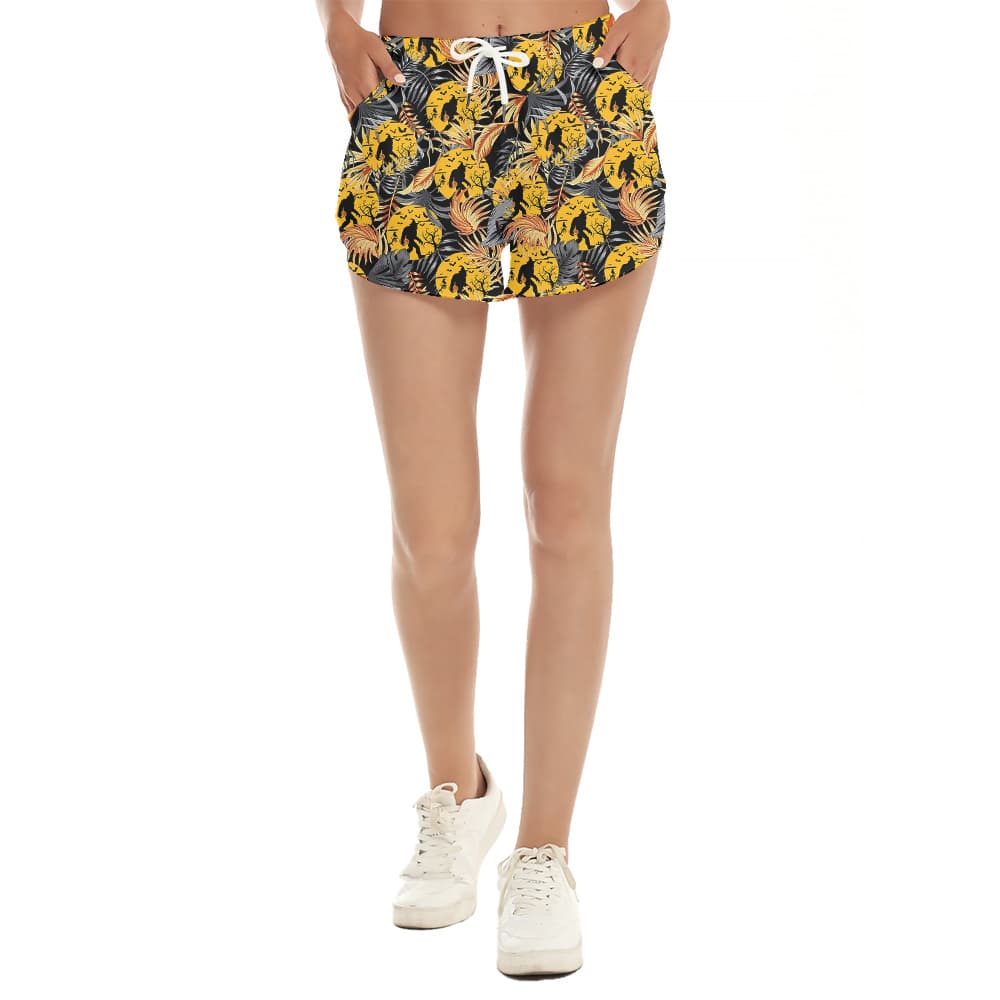 Funny Halloween Bigfoot With Pumpkin Tropical Orange Hawaiian Shorts For Women (2)