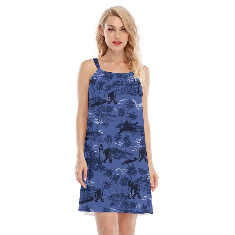 Funny Kayaking Bigfoot Tropical Palm Trees Blue Hawaiian Cami Dress