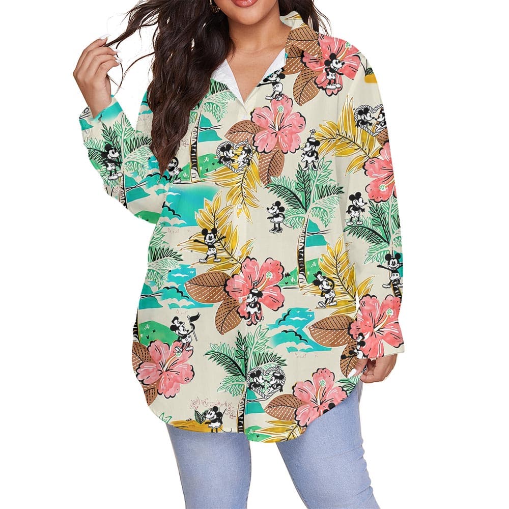 Funny Mickey Mouse Plus Size Women's Hawaiian Shirt Steamboat Willie
