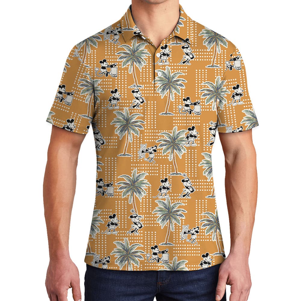 Funny Mickey Mouse Tropical Palm Trees Yellow Hawaiian Polo Shirt