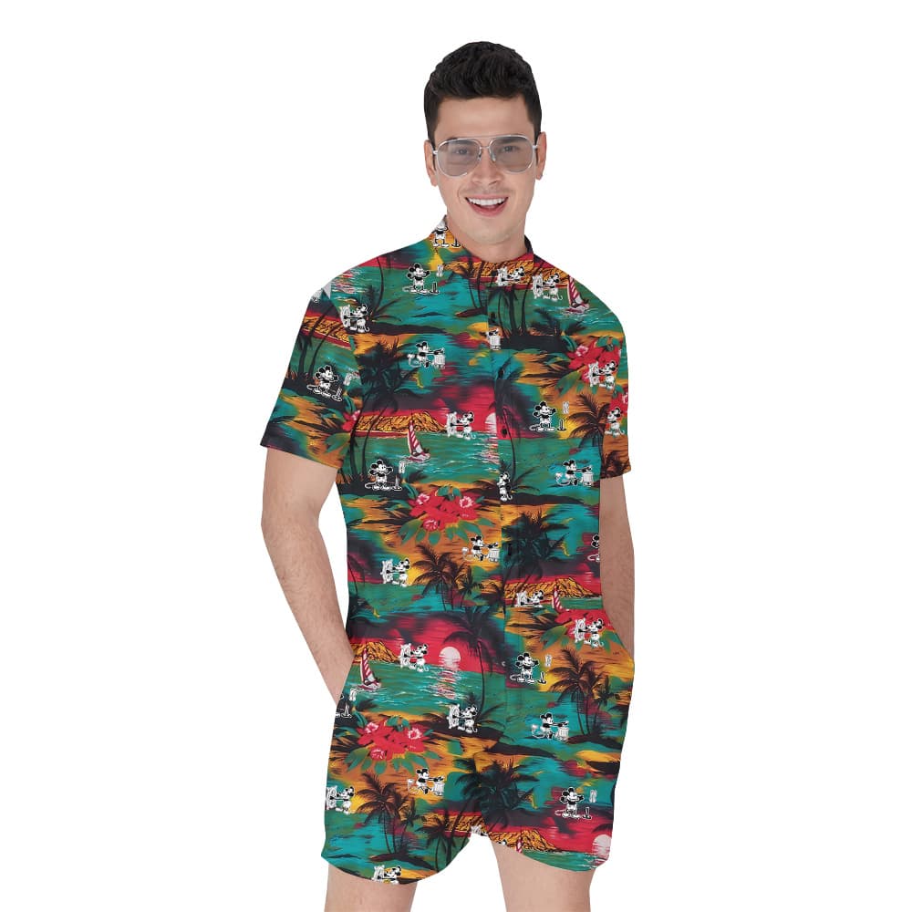 Funny Mickey Steamboat Willie 1928 Tropical Beach Colorful Hawaiian Romper For Men