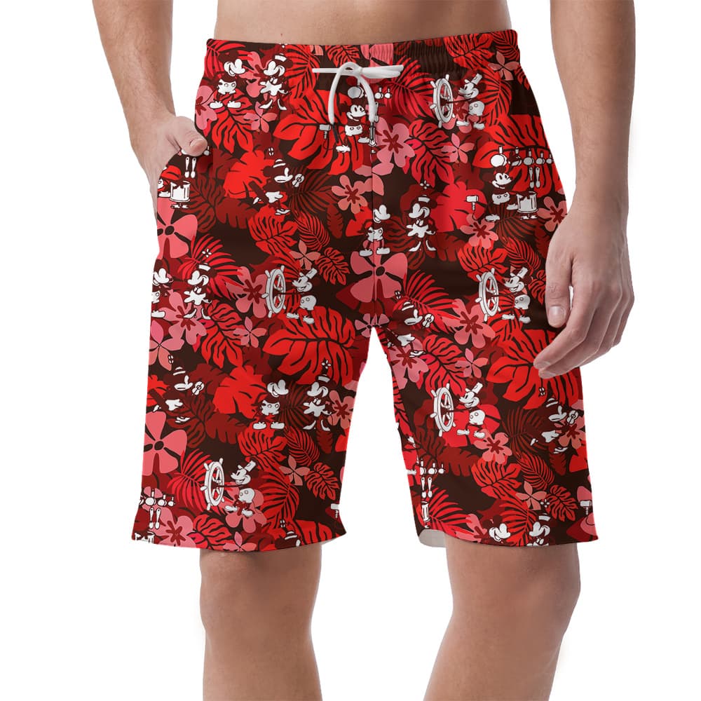Funny Mickey Steamboat Willie Floral Hawaiian Beach Shorts For Men