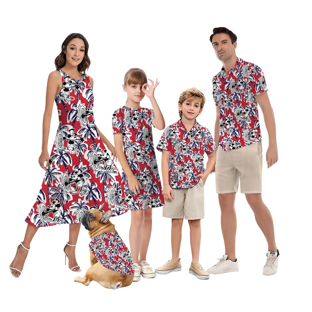 Funny Mickey Steamboat Willie Tropical Palm Tree Red Matching Family Hawaiian Outfits