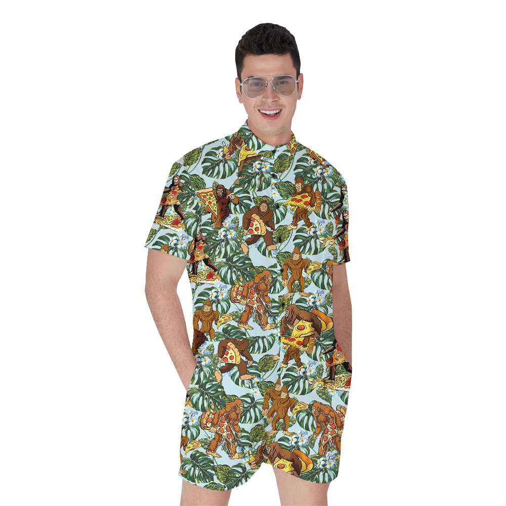Funny Pizza Sasquatch Tropical Men's Hawaiian Romper