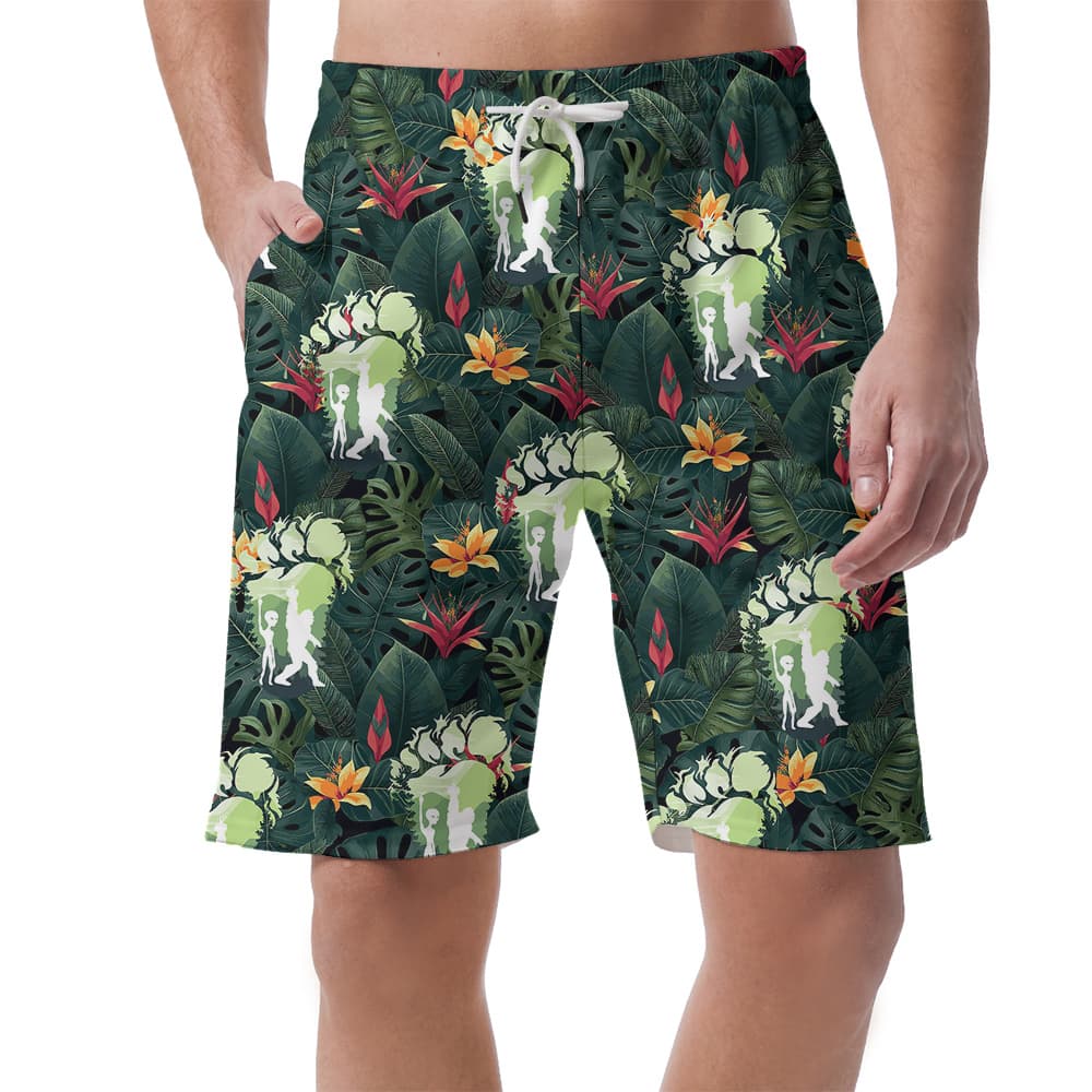 Funny Sasquatch Alien Tropical Green Hawaiian Beach Shorts For Men