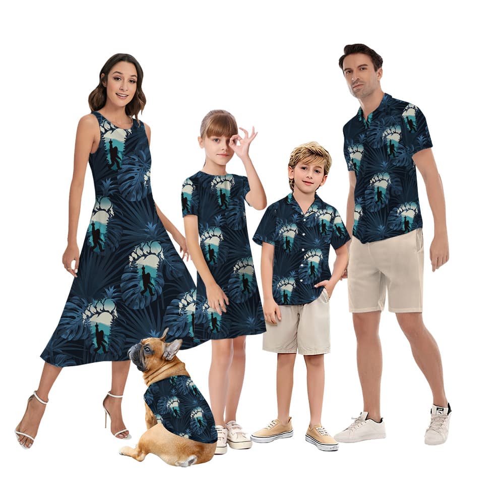 Funny Sasquatch Navy Tropical Matching Family Hawaiian Shirts