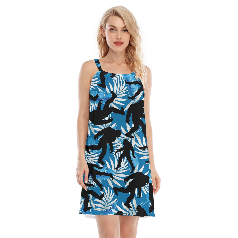 Funny Sasquatch On High Heels Tropical Navy Aloha Dress