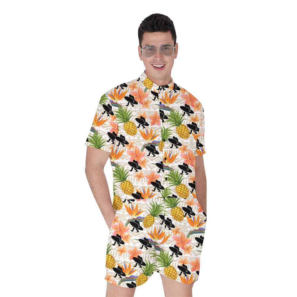 Funny Sasquatch With Surf Board Floral Pineapple Hawaiian Romper