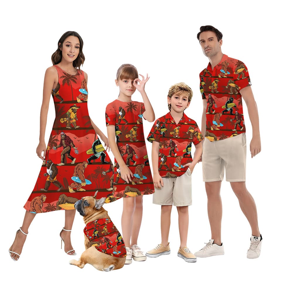 Funny Sasquatch With Surfing Board Vintage Matching Family Hawaiian Outfits