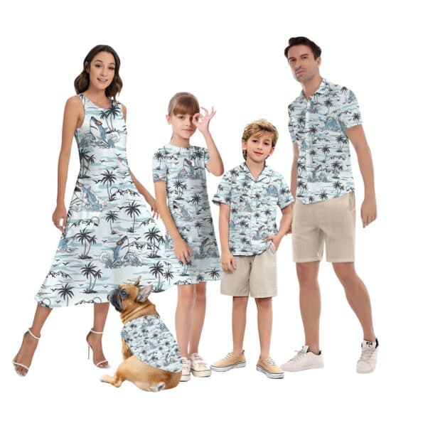 Funny Shark Blue Hawaiian Shirt And Dress Matching Outfits Vacation