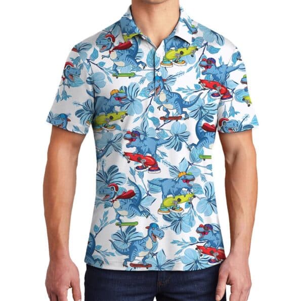 Funny Skateboarding Dinosaur Blue Hawaiian Polo Shirt For Men