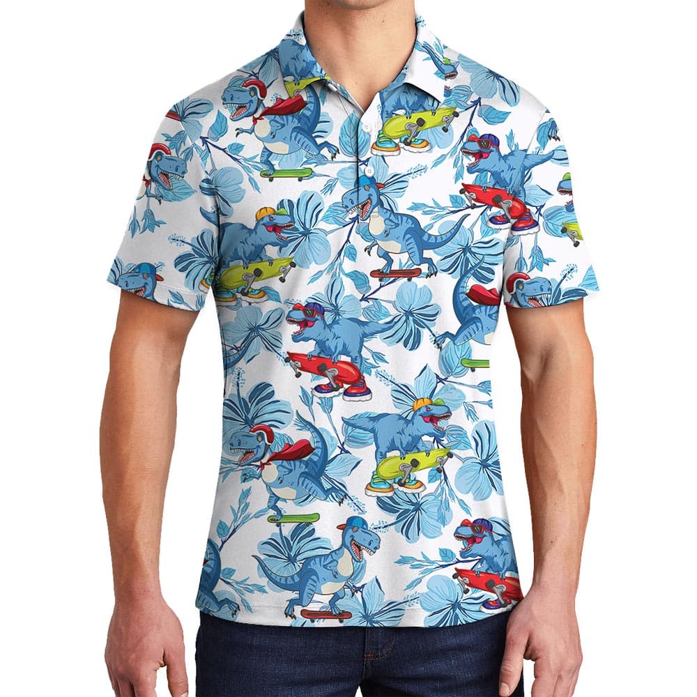 Funny Skateboarding Dinosaur Blue Hawaiian Polo Shirt For Men