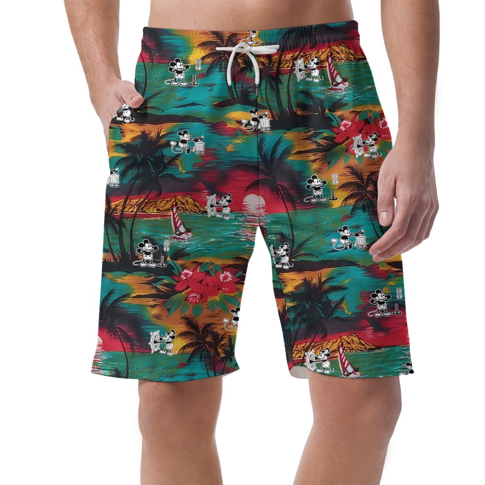 Funny Steamboat Willie Mickey Tropical Palm Trees Hawaiian Beach Shorts