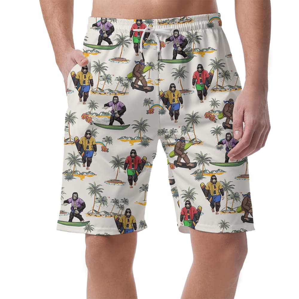 Funny Surfing Bigfoot Tropical Islands Hawaiian Beach Shorts For Men