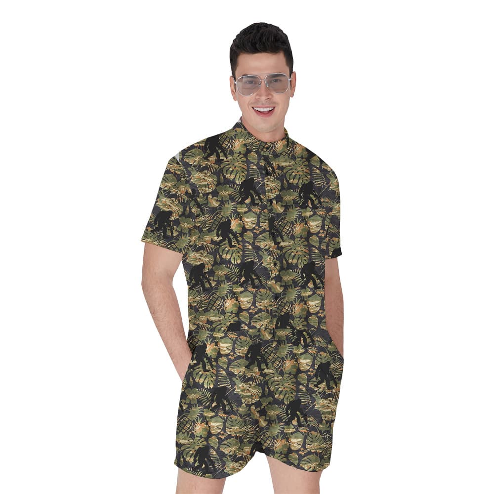 Funny Tactical Sasquatch Camouflage Tropical Men's Hawaiian Romper