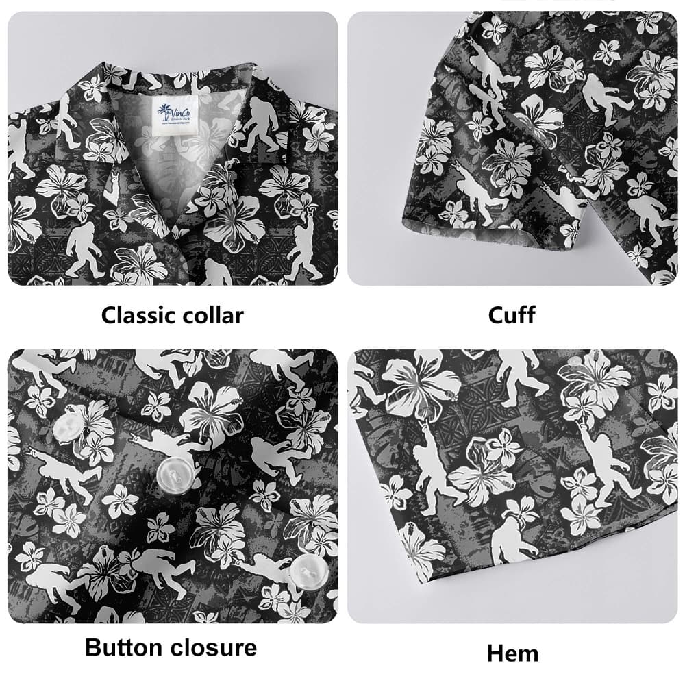 Funny Vintage Hibiscus Bigfoot Black Aloha Shirt With Short Sleeves