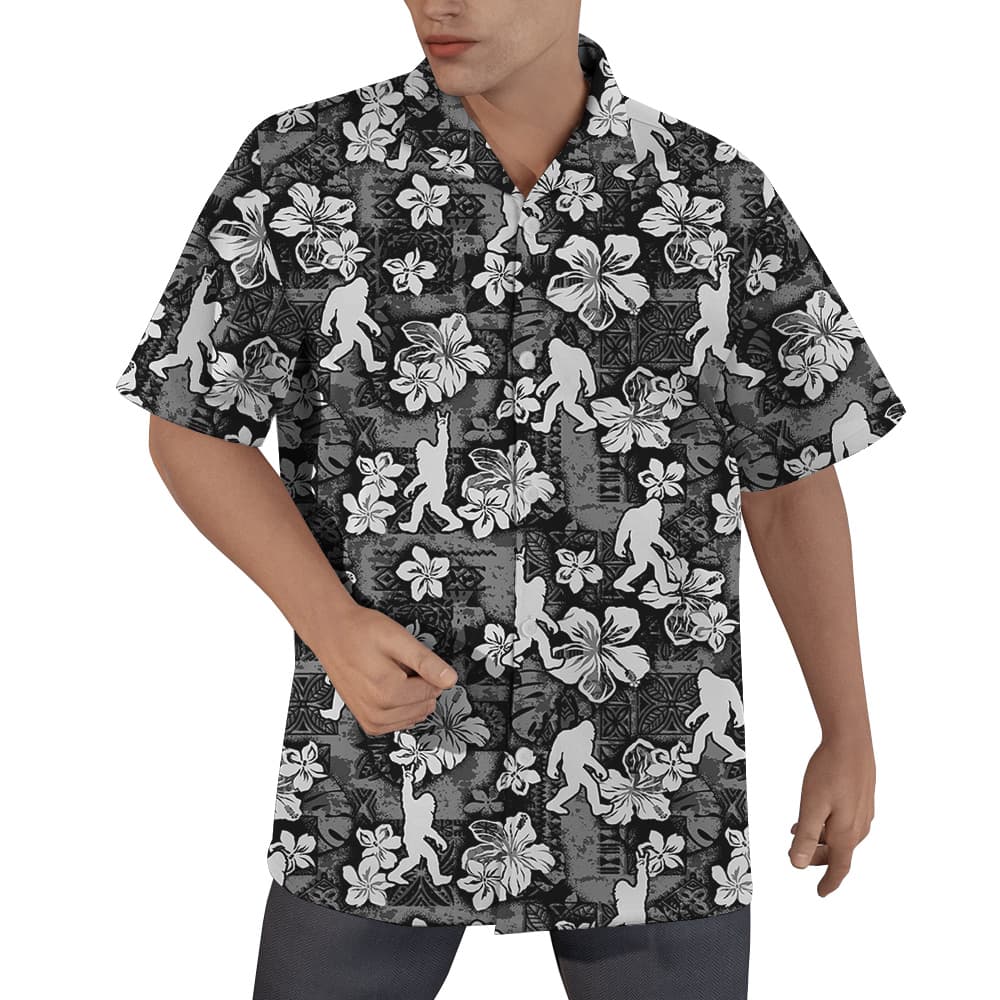 Funny Vintage Hibiscus Bigfoot Black Aloha Shirt With Short Sleeves (2)