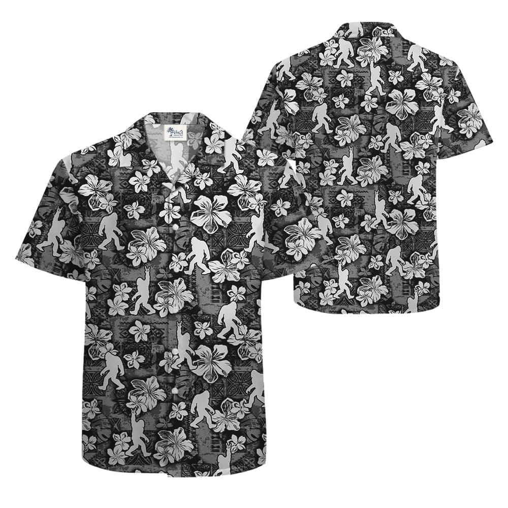 Funny Vintage Hibiscus Bigfoot Black Aloha Shirt With Short Sleeves