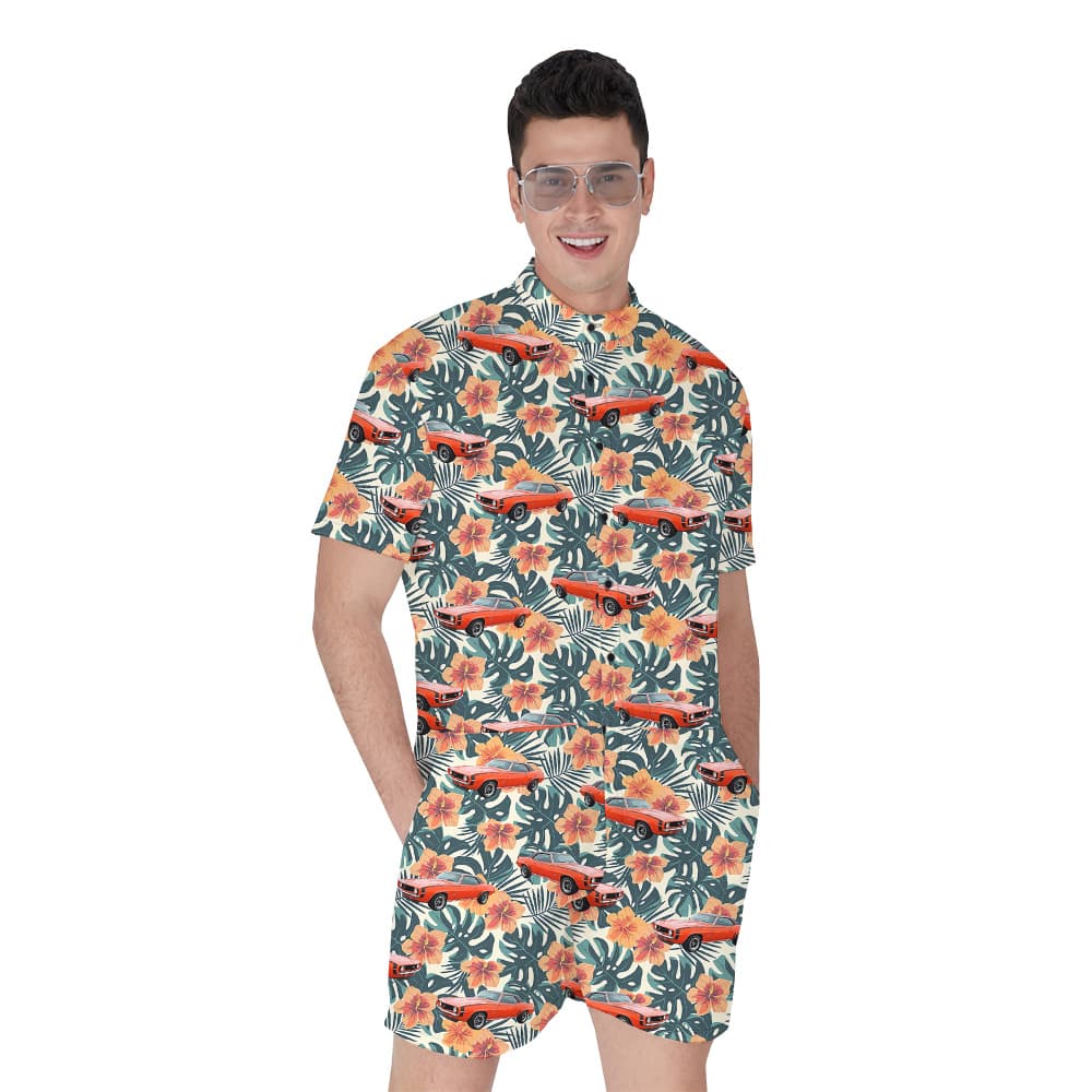 Glossy Green Hibiscus Custom Hawaiian Men Romper with Car1